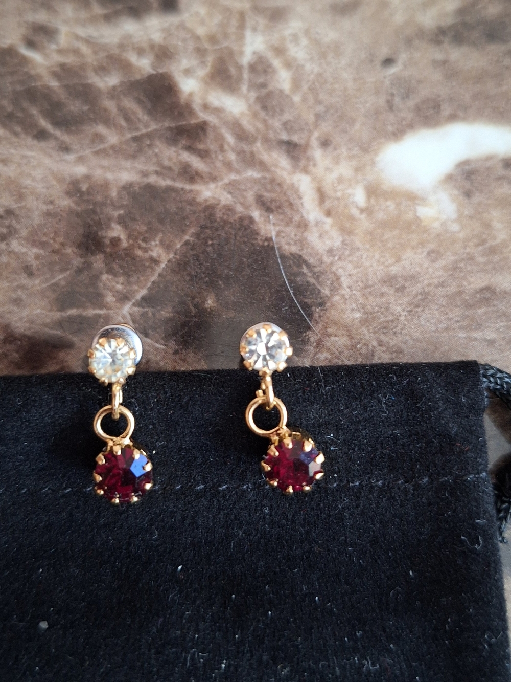 Gold Drop Earrings with Clear and Deep Red Stones